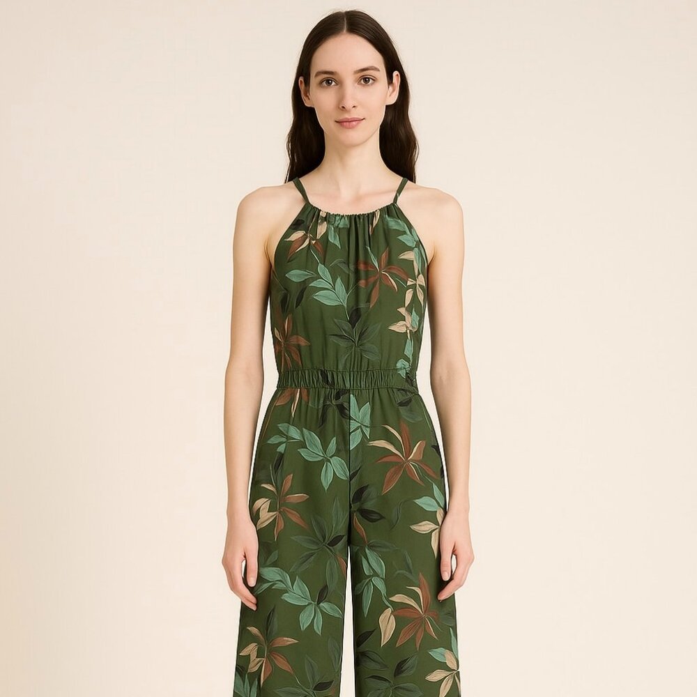 NT by Amati Womens Long Floral Green Jumpsuit Size S/M Made in Italy Flowy